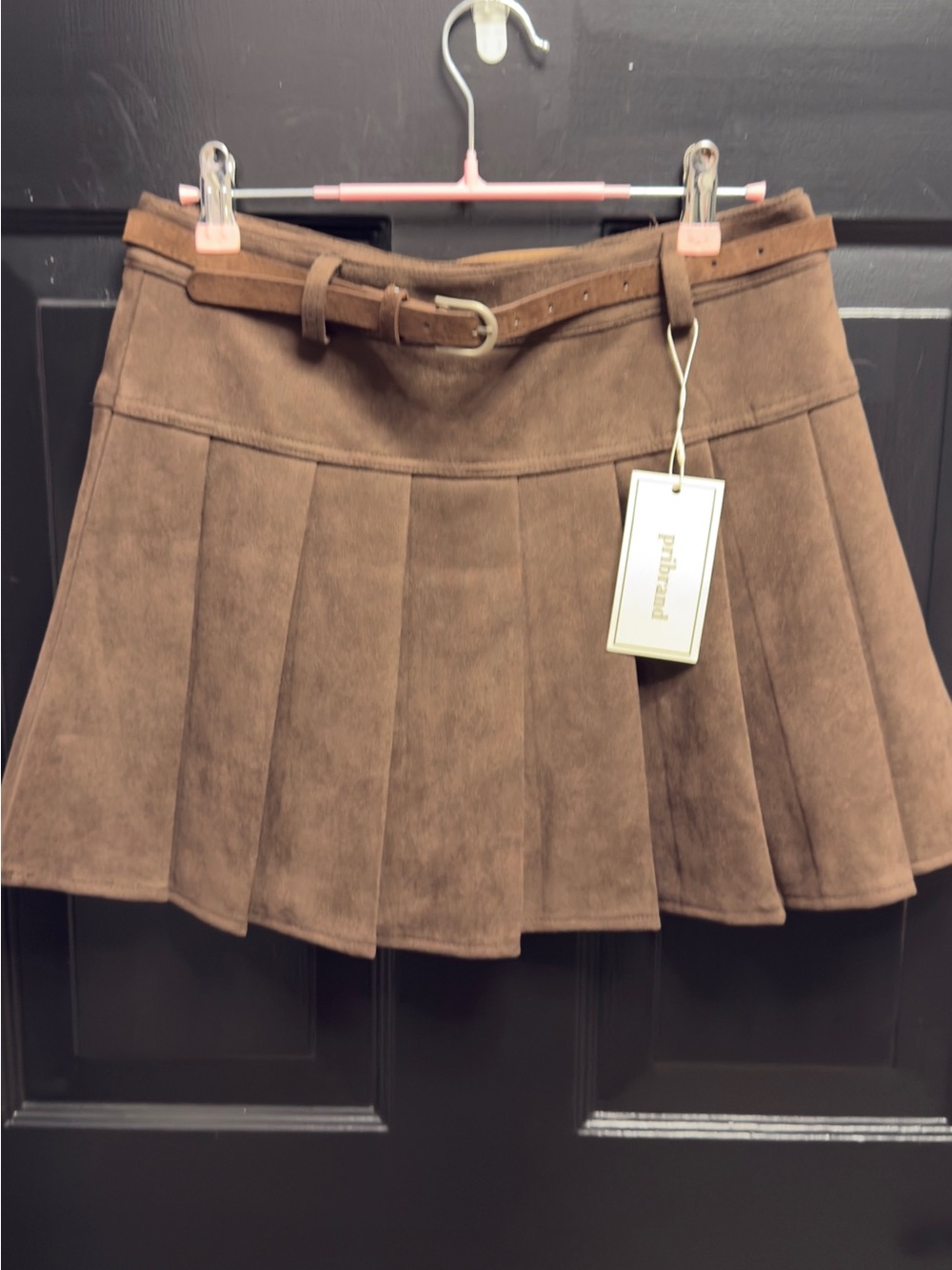 NWT Pleated Suede-Look Dark Brown Mini Skirt with Belt